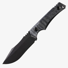 Load image into Gallery viewer, Black tactical fixed blade with textured handle on a white background