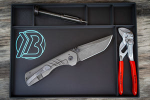 Brian Brown EDC Tear Down Tray with organized compartments for knife maintenance, showing the 3D printed design with BBK logo and spaces for small parts during disassembly